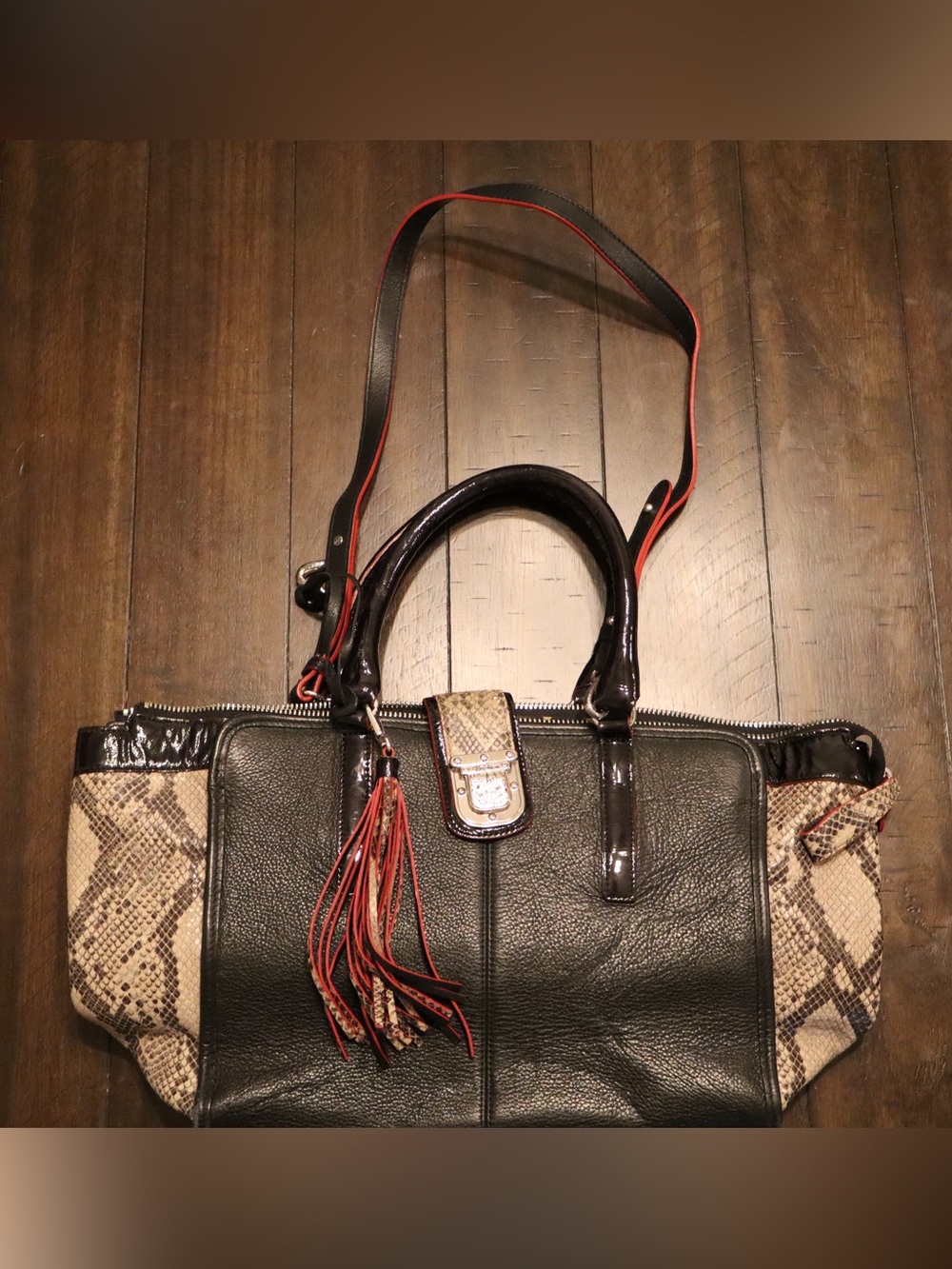 Brighton Black Satchel with Snake-Print Panels and Red Trim